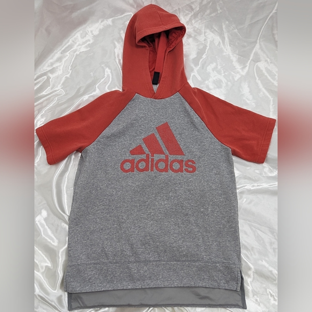 Adidas Women's Large Gray Orange Mesh Short Sleeve Runners Hooded Pull-Over